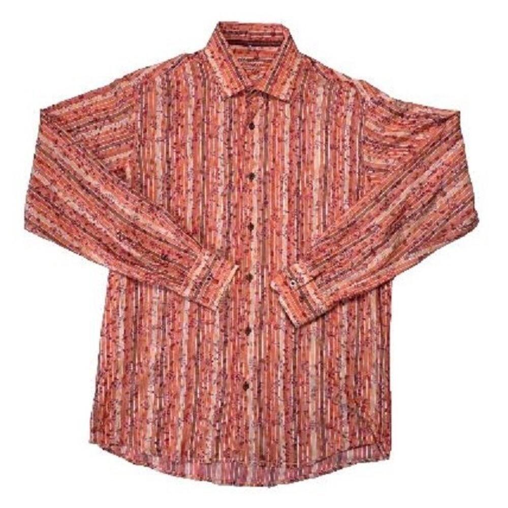 Visconti Uomo Men’s Shirt M Orange Stripe Floral Button Front Long Sleeve
